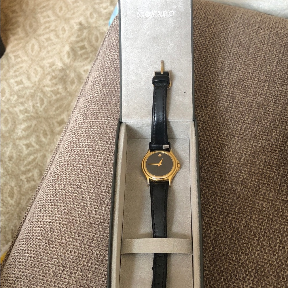 Movado Black Dial Watch with Gold-Tone Case and Black Leather Strap